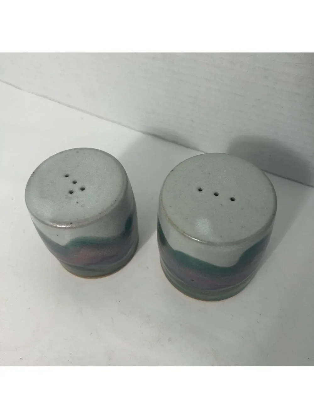 Vintage Art Pottery Ceramic Salt Pepper Shakers Drip Glaze Purple Green 1.5x3”